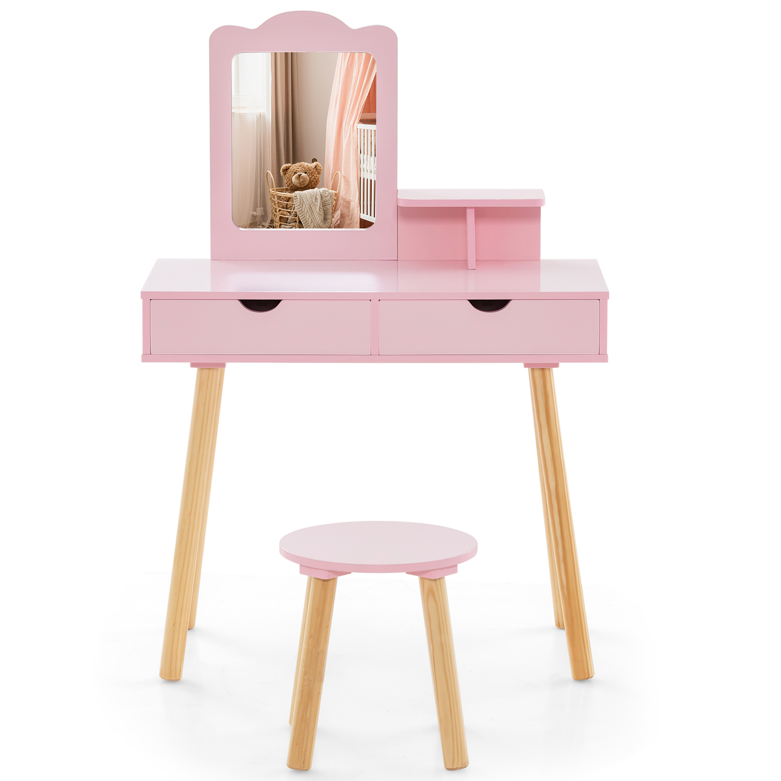 Image of 2-in-1 Kids' Vanity Set, Kids Wood Vanity Table & Stool With 1 Rectangular Mirror & 2 Large Drawers, Table And Chair Vanity Set