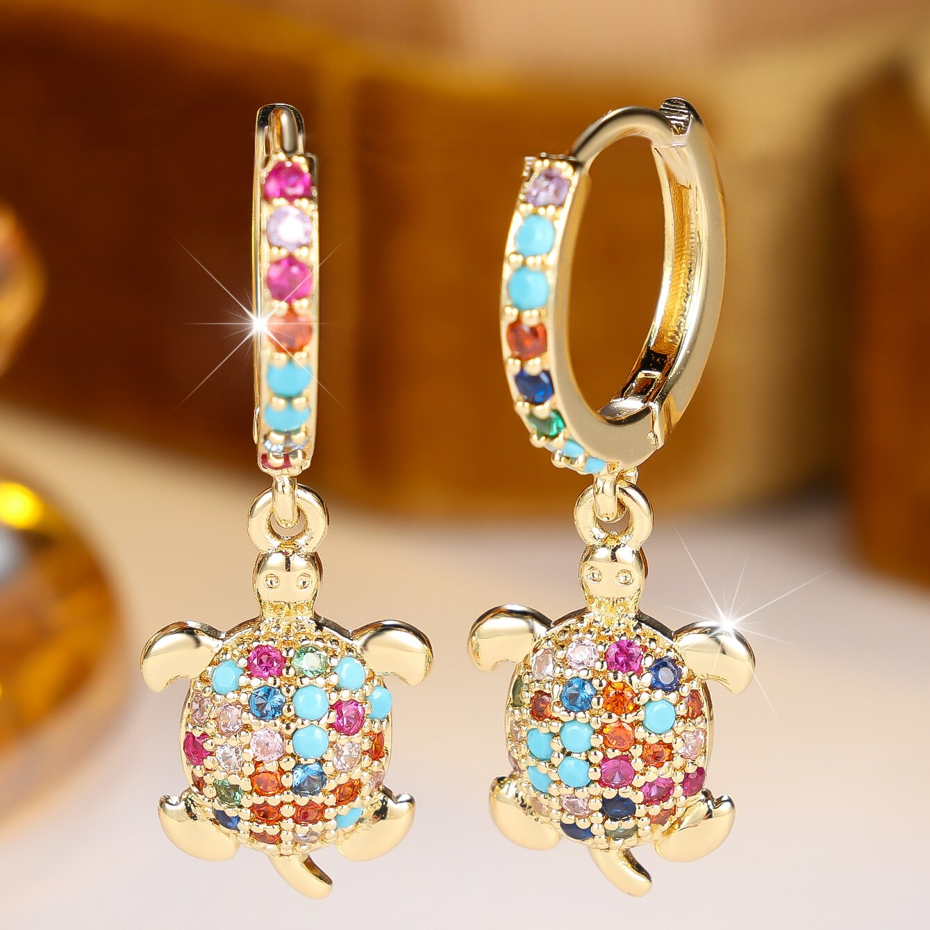 TEMU Angol A Pair Of Women's Sea Turtle Shaped Pendant Earrings Inlaid With Colored Synthetic Cubic Synthetic Zirconia, Fashionable, Simple, ,
