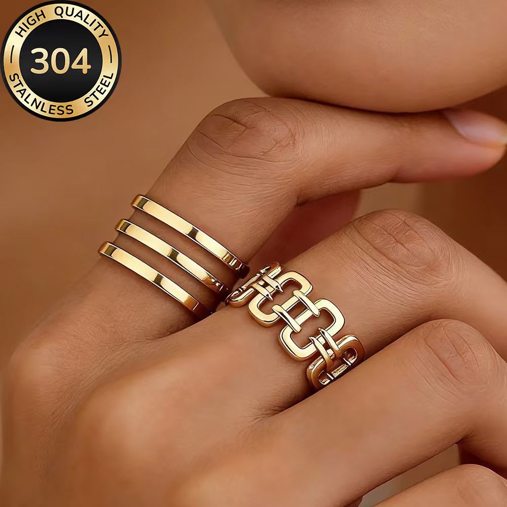 2pc Golden Stackable Open Ring Set, High-Quality Stainless Steel