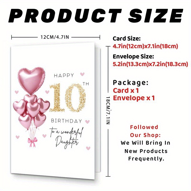 TEMU 1pc 10-year-old Birthday Card, Shiny 10 And - Happy Birthday Daughter - Heart-shaped And Colorful Paper Balloons - Ideal 10th Birthday Gift From