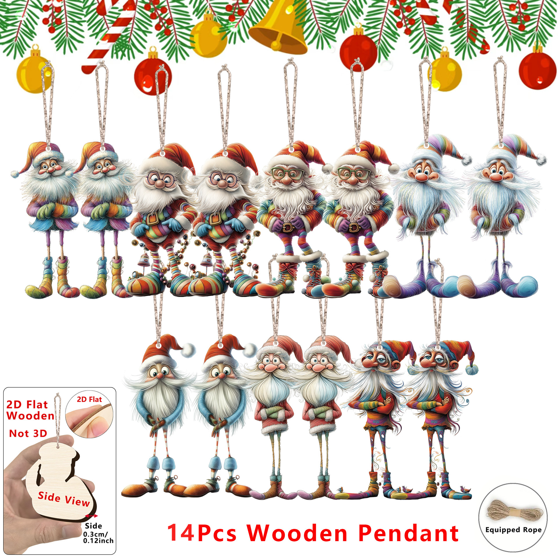 TEMU 2d Flat, 2d Flat-14pcs Funny Long Legs Santa Wooden Pendant, Christmas Pendant For Home, Office, Classroom Decoration, Supplies, Christmas Tree