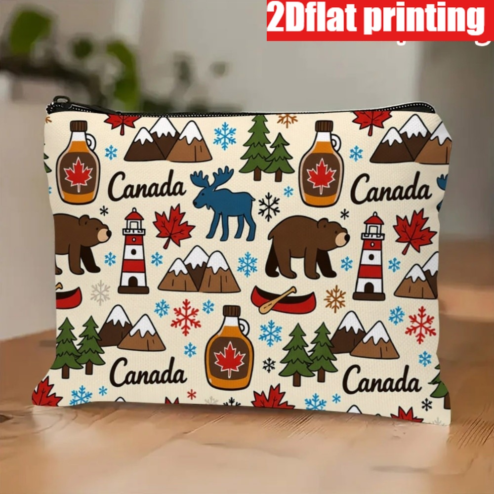 TEMU 2d Flat Printed 1pc Vintage-style Makeup Bag With Pattern, Storage Pouch, Suitable For Daily Use, Ideal Gift For The Gym, Or Canadian Souvenir