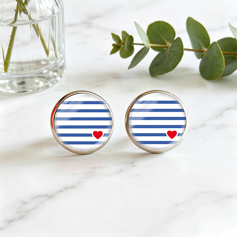 1 Pair In Stripes Stud Earring Round Glass Dome Earrings Fashion Jewelry