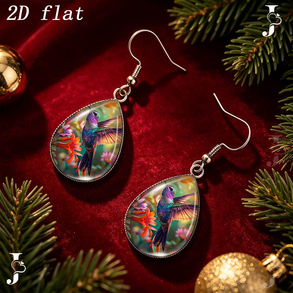 Teardrop Dangle Earrings with Hummingbird Floral Pattern