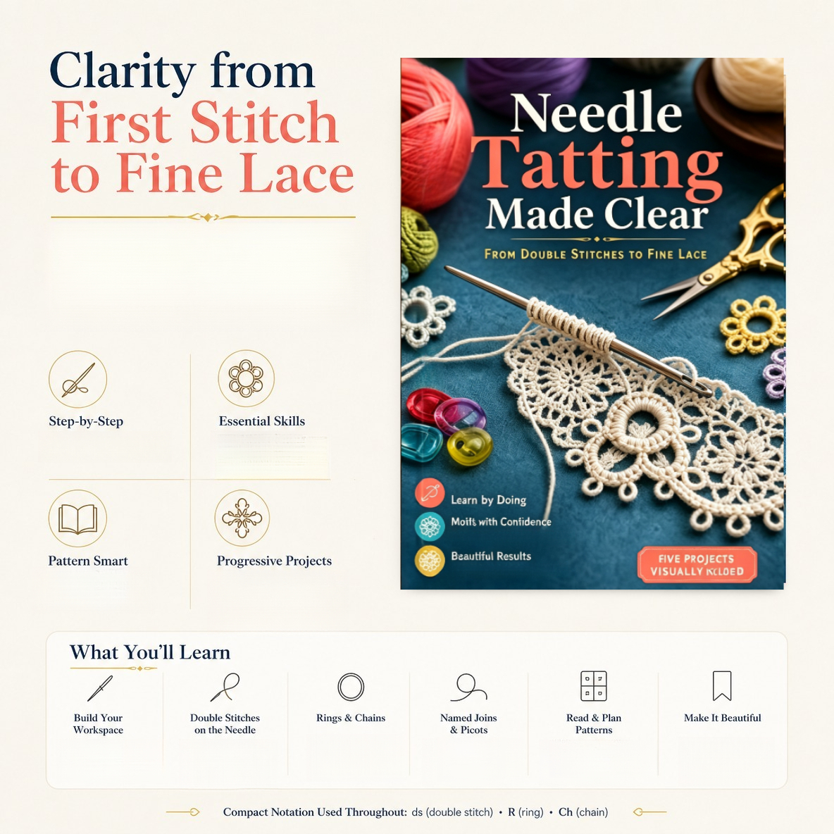 Needle Tatting Tutorial Book with Crochet Patterns