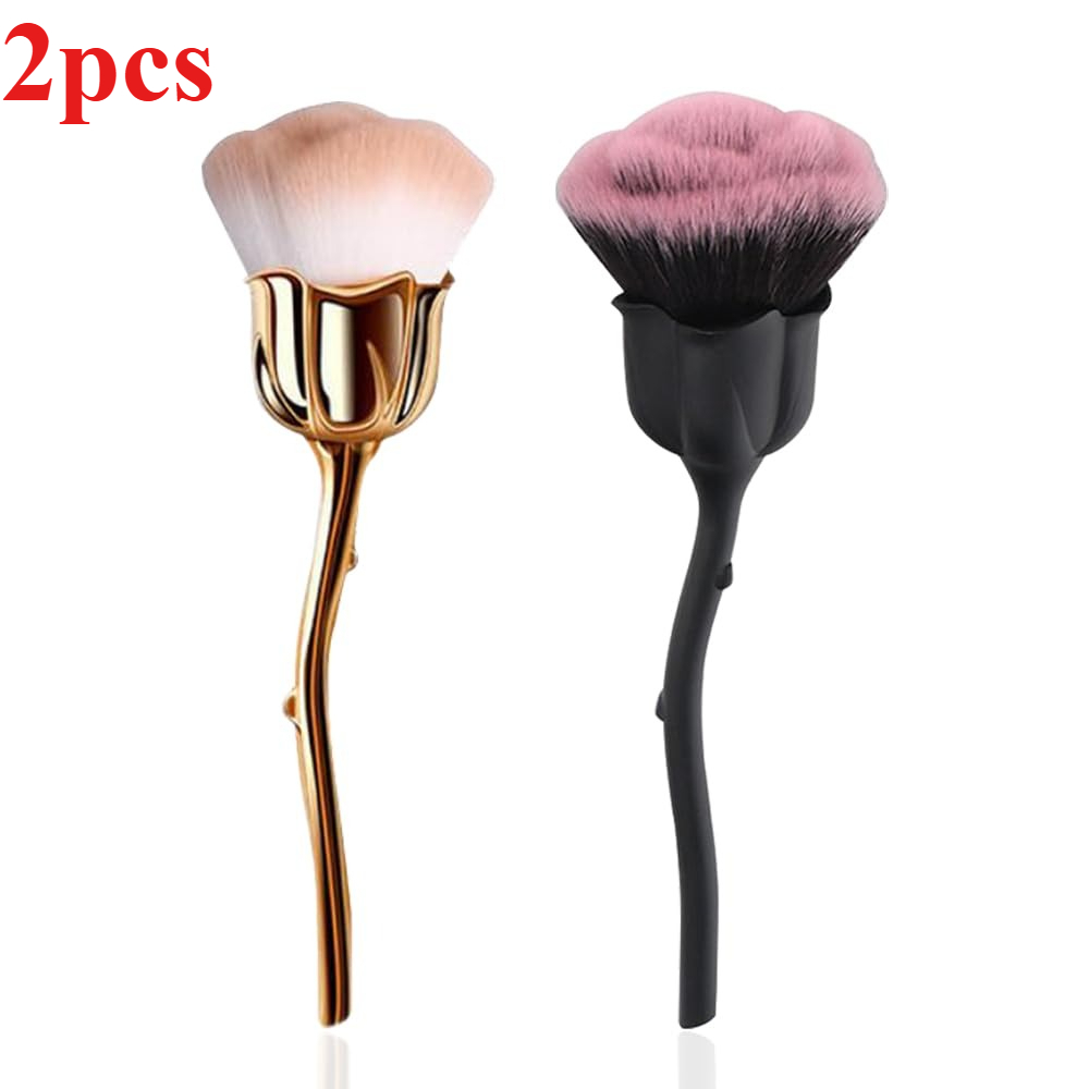 TEMU 2pcs Makeup Brushes Set (1pc Golden Makeup Brush  1pc Black Makeup Brush)foundation Brush, Rose-shaped Brush, Nail Art Dust Brush, Large Volume