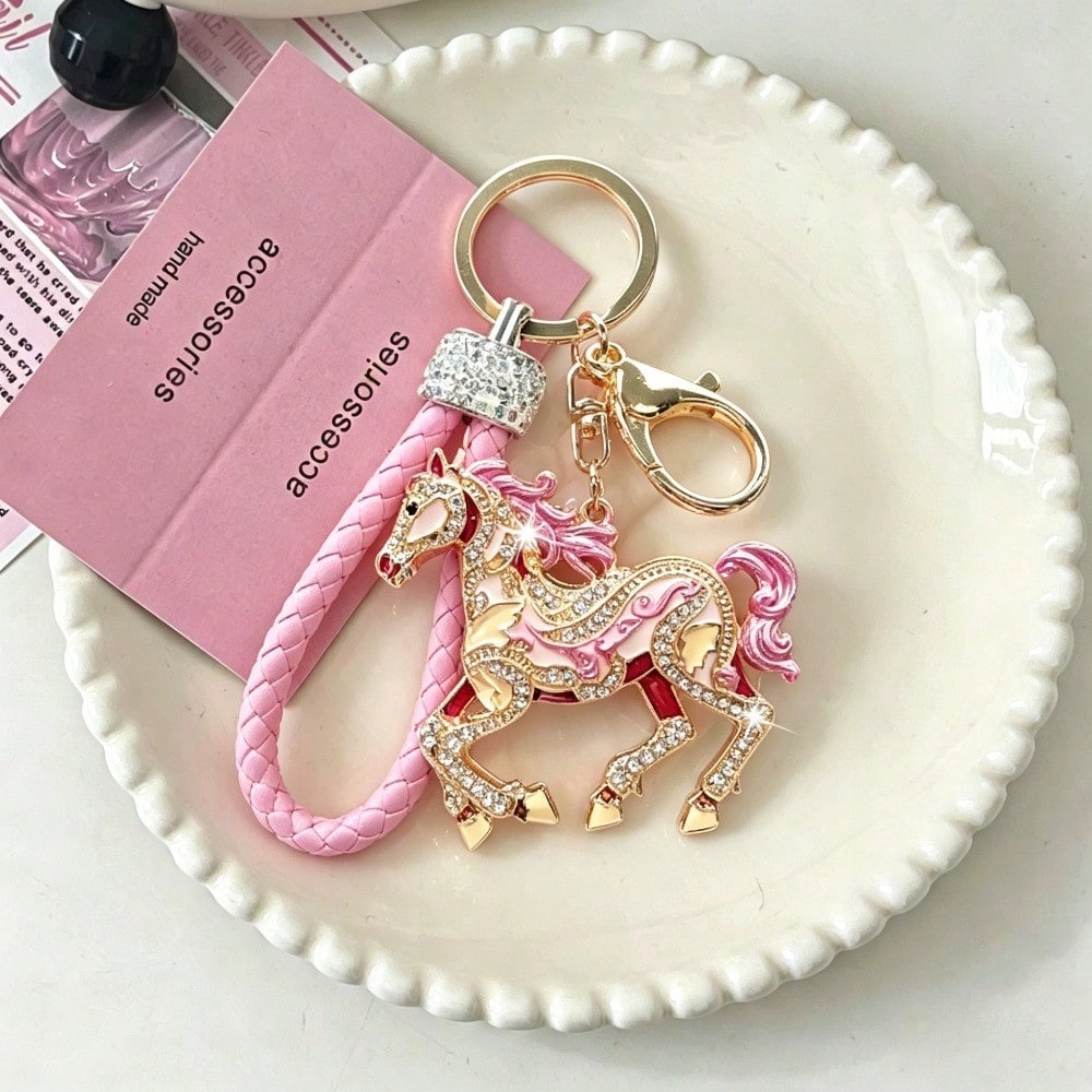 TEMU 1pc Pink Rhinestone Horse Keychain, Golden Enamel Bag Charm With Pink Braided Wrist Strap, Horse Pendant For Car Keys Backpack