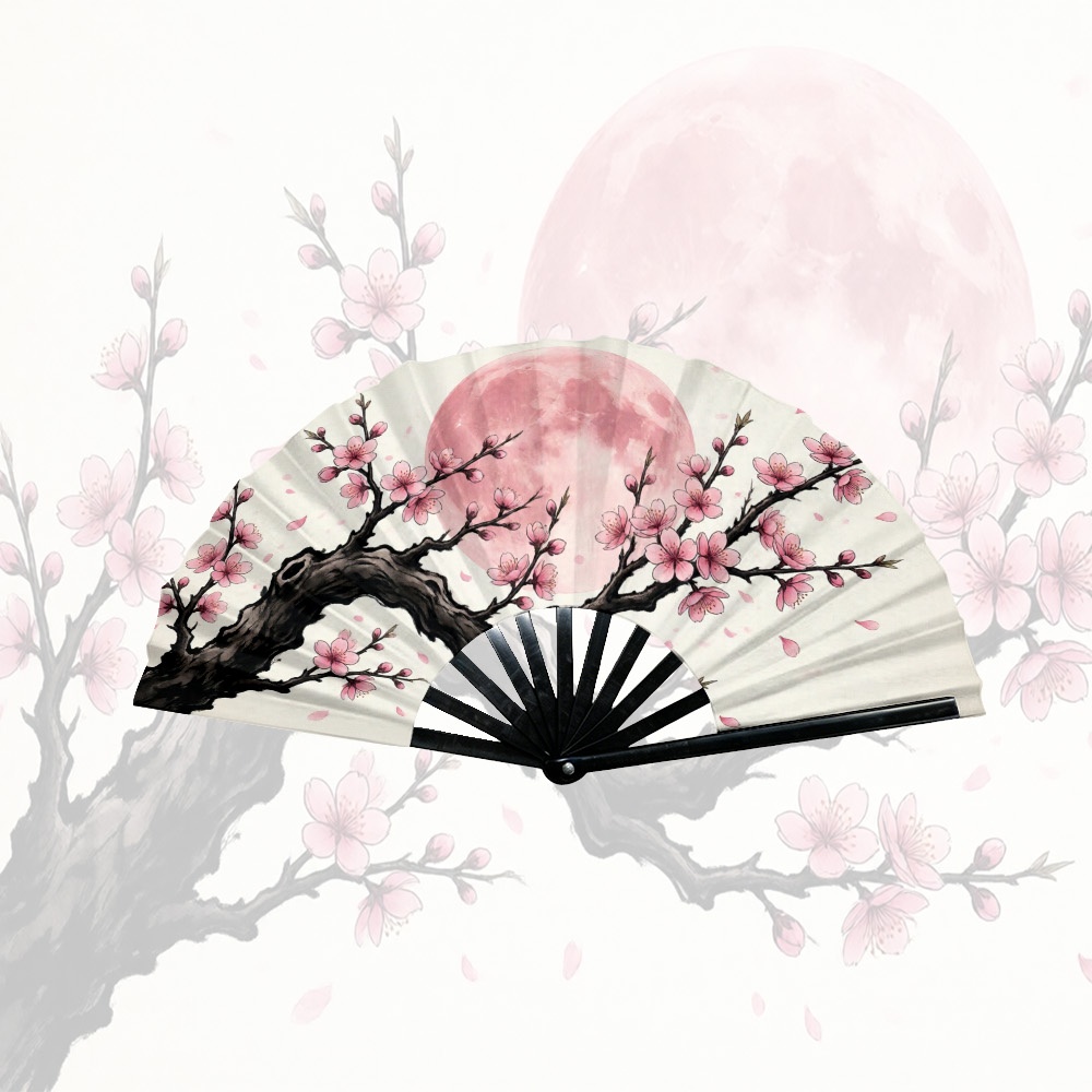 TEMU 1pc Elegant Printed Folding Fan Cherry Branch With Handcrafted For Wedding Party Decoration, Home Decoration Gift, With Vivid Printed Patterns,