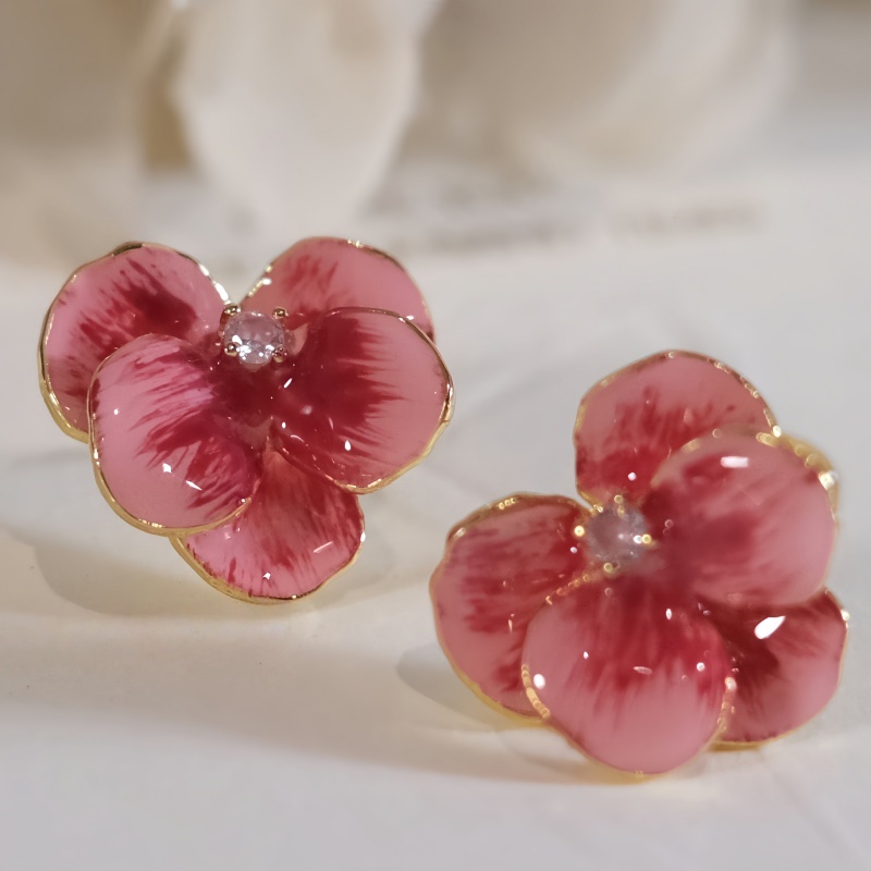 TEMU Elegant Inlay Zirconia Pink Ombre Enamel Flower Stud Earrings For Women Banquet Party Holiday Daily Temperament Pink Flower Earrings Jewelry