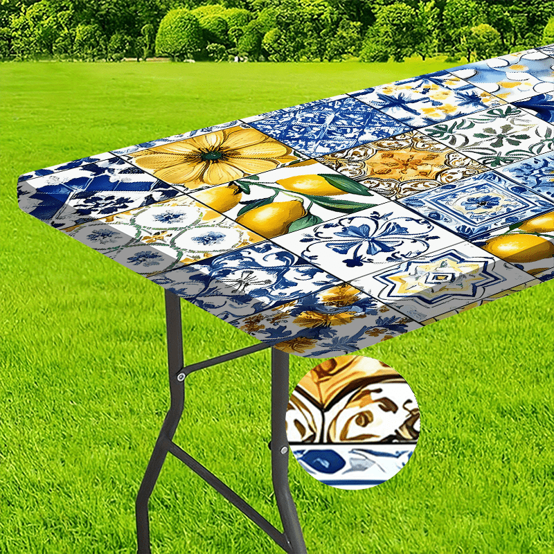TEMU 1pc Vibrant Lemon Design Outdoor Tablecloth - Durable Polyester With , Rectangular Shape, Perfect For Camping, Picnics, And Garden Gatherings,