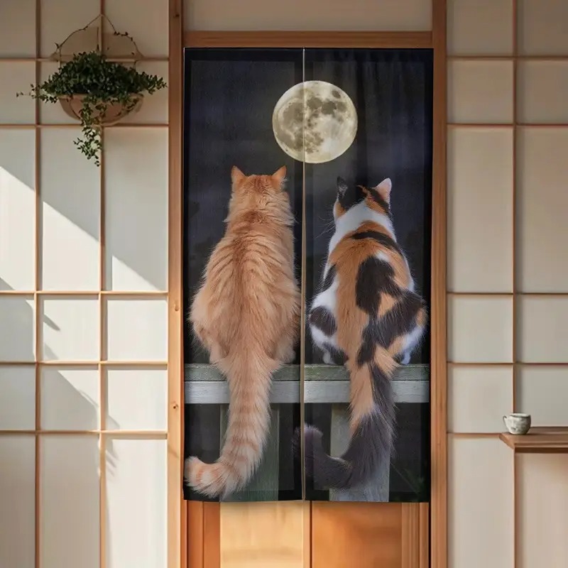 TEMU 2Dドアカーテン 和風猫カーテン 寝室・リビン用 かわいい漫画の月デザイン プライバシー保護 ポリエステル生地 お手入れ簡単 茶トラ猫柄 猫好きへのギフト