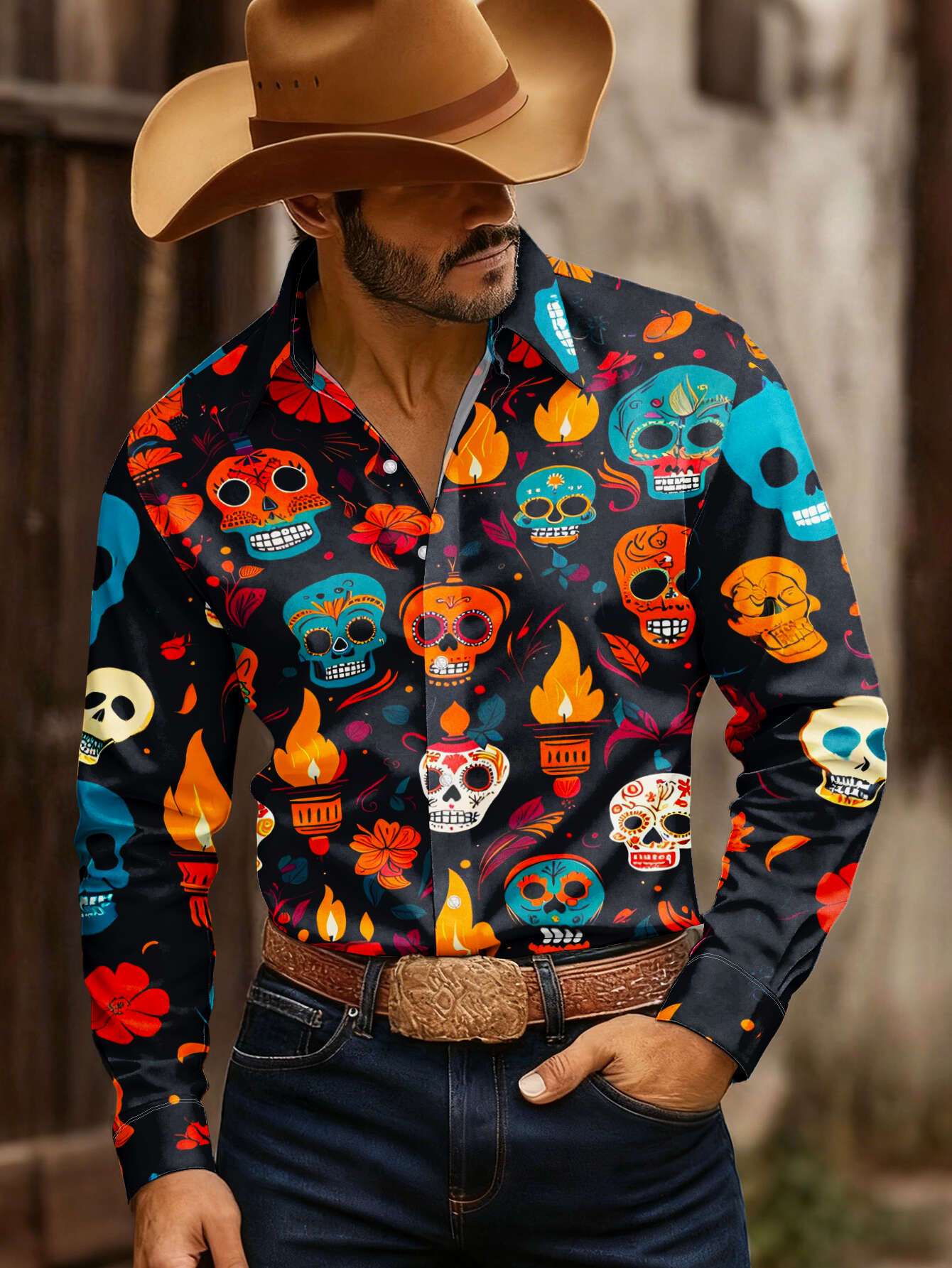 item picture new mens long sleeve shirt with full print colorful skull flower lanterns on a dark base featuring mexican   themed patterns a versatile commuter and casual   washable button up printed shirt