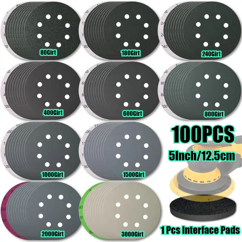 100pcs Set Of 12.7cm 8-hole Sanding Discs, 80/180/240/400/600/800/1000/1500/2000/3000 Grit, Wet And Dry Use, With 1 Spindle Pad, For Use With Orbital , For Polishing Cars, Wood, And Metal