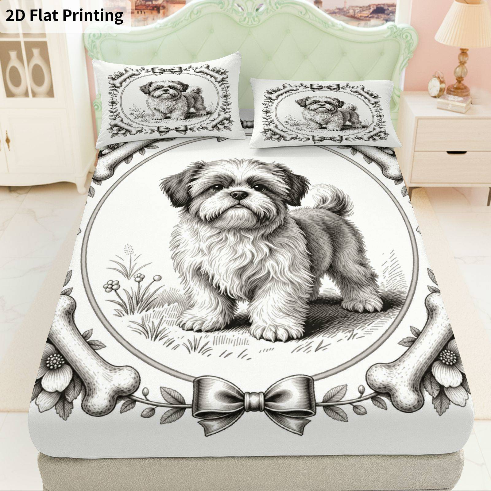 item picture 2d flat printing 3pcs dog illustration fitted sheet 3pcs set 1 fitted sheet 2 pillowcases   dog illustration bedding dog print shih tzu pet bedding breathable soft bedding mattress protector soft breathable 2d flat