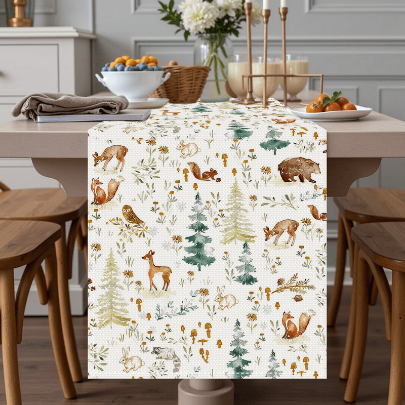 TEMU 1pc Themed Table Flag - Made Of Polyester, Featuring Patterns Of Trees, Deer, Foxes, And Pine Cones, With And Brown Background - Ideal For Home