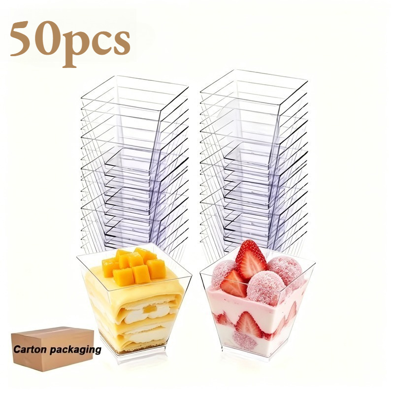 TEMU 50pcs Clear Trapezoidal-shaped Dessert Cups – Premium Sturdy, Stackable Design For Mousse, Cake, Ice Cream, Yogurt, Puddings, Sauces & Mini