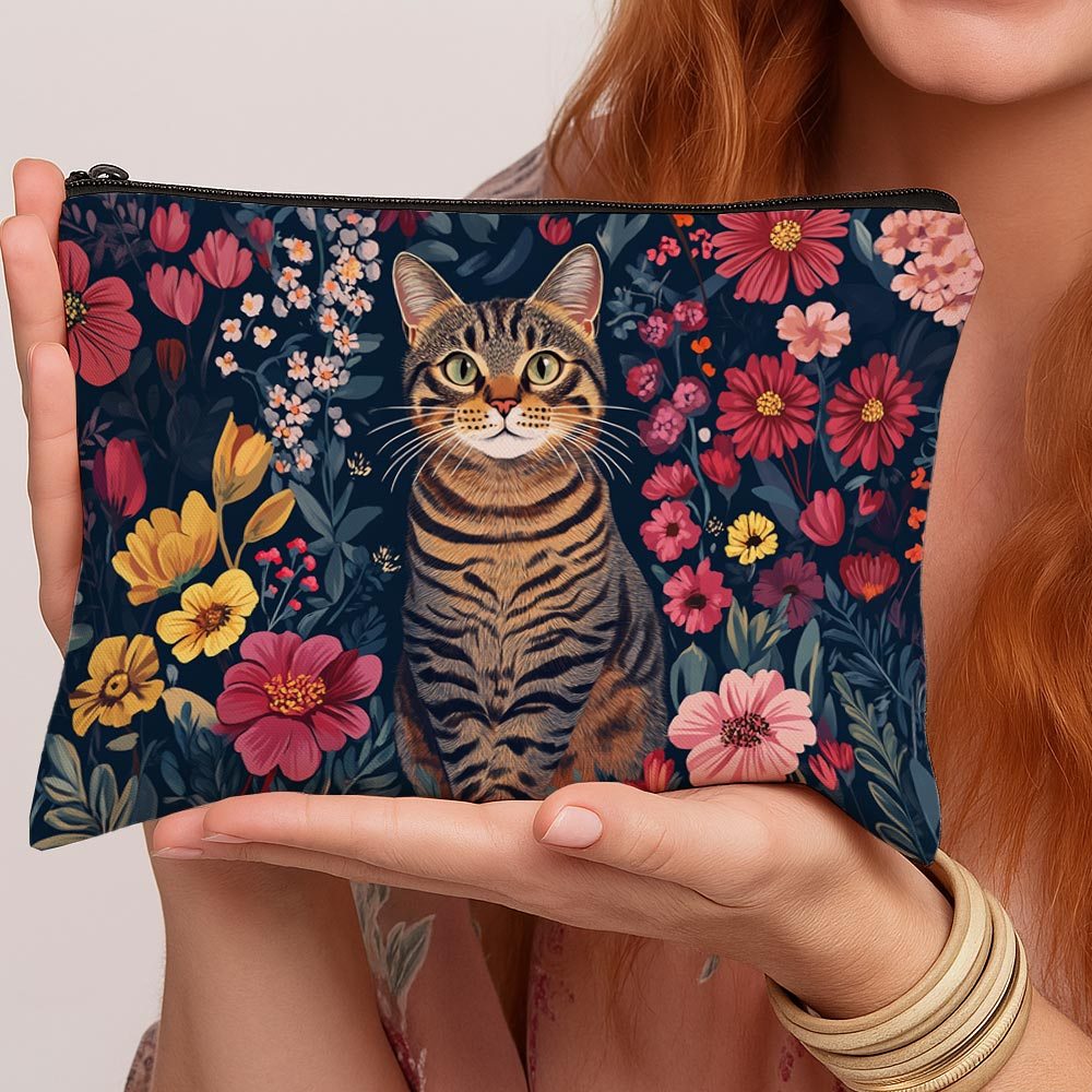 TEMU 1pc Romantic Plant Illustration Makeup Bag - Cat Floral Dark Zipper Multi-functional Travel Toiletry Pouch With , Portable Cosmetic Bag For Men