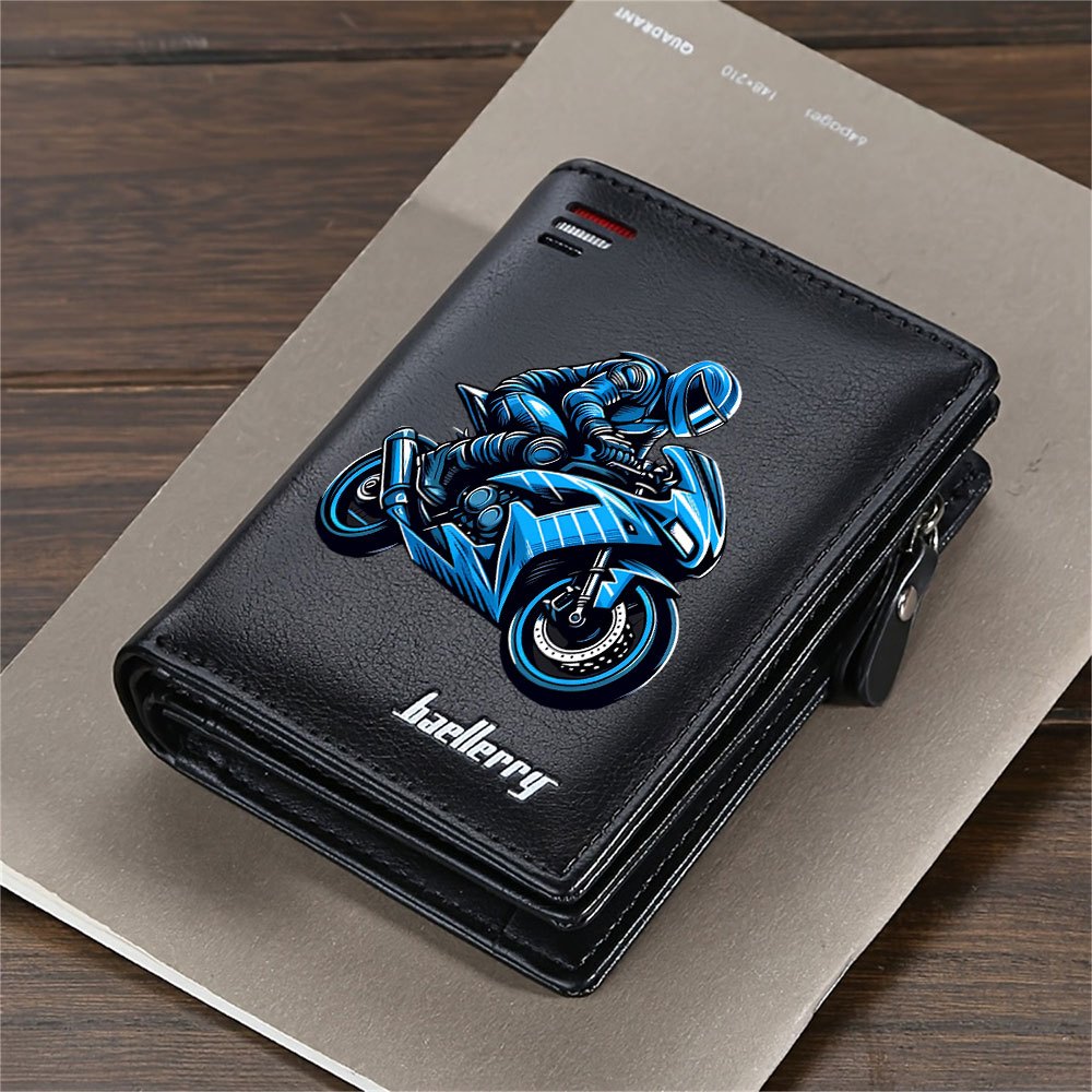 TEMU Stylish Blue Motorcycle Pattern Black Multi-compartment Wallet, Casual Bifold Short Card Holder Purse For Daily Travel, 1pc