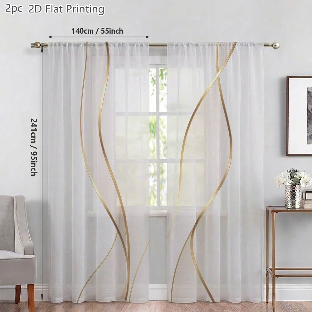 TEMU 2d Flat, 2pcs New Arrival 7 Sizes Semi-transparent Sheer Curtains, Modern Minimalist, Wave Pattern Elegant Sheer Curtain Look, For Living