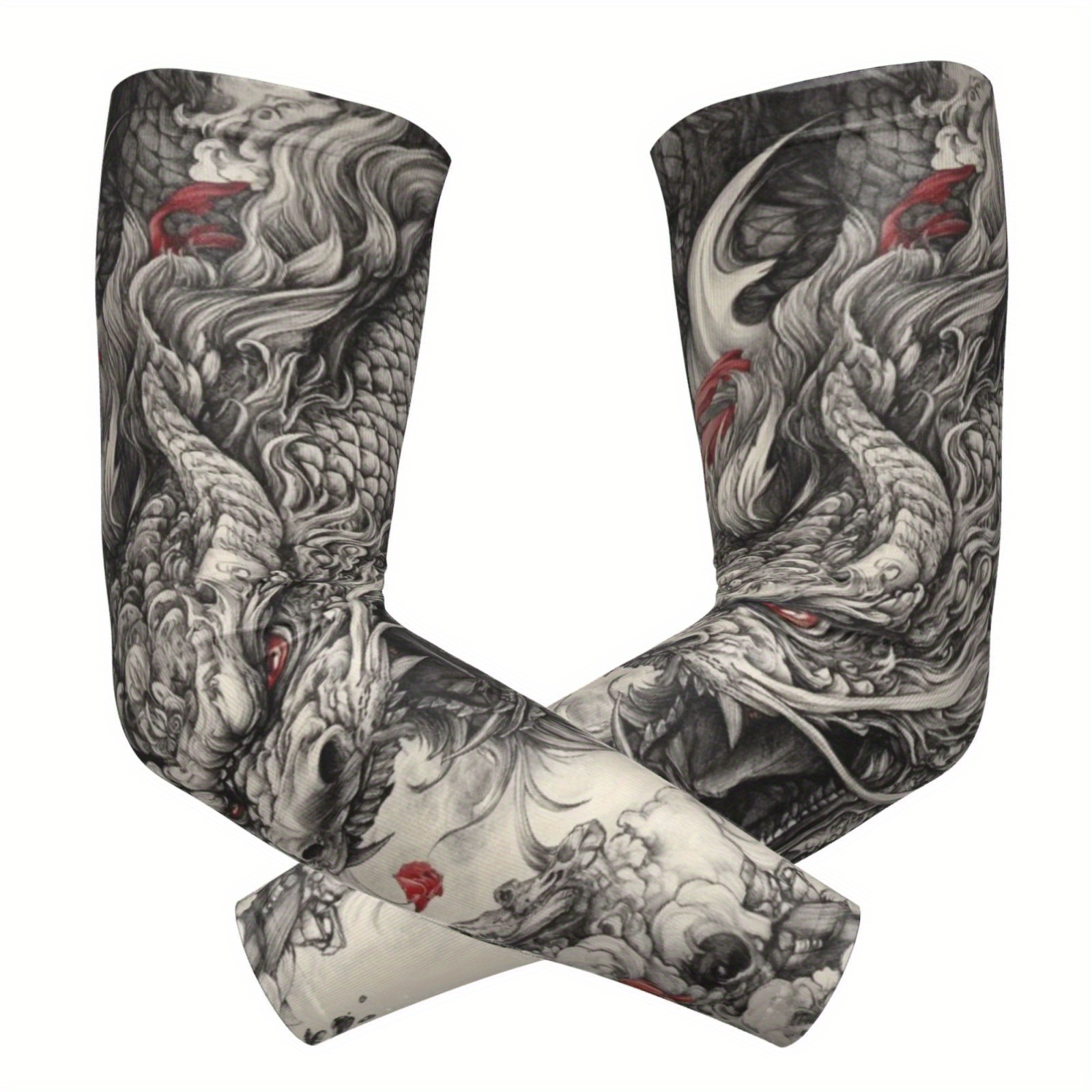 TEMU Ein Paar Armstulpen im chinesischen Stil mit Drachenmuster, mit traditionellem Pinselstrich, der einen majestätischen Drachen fließendes Rot mit