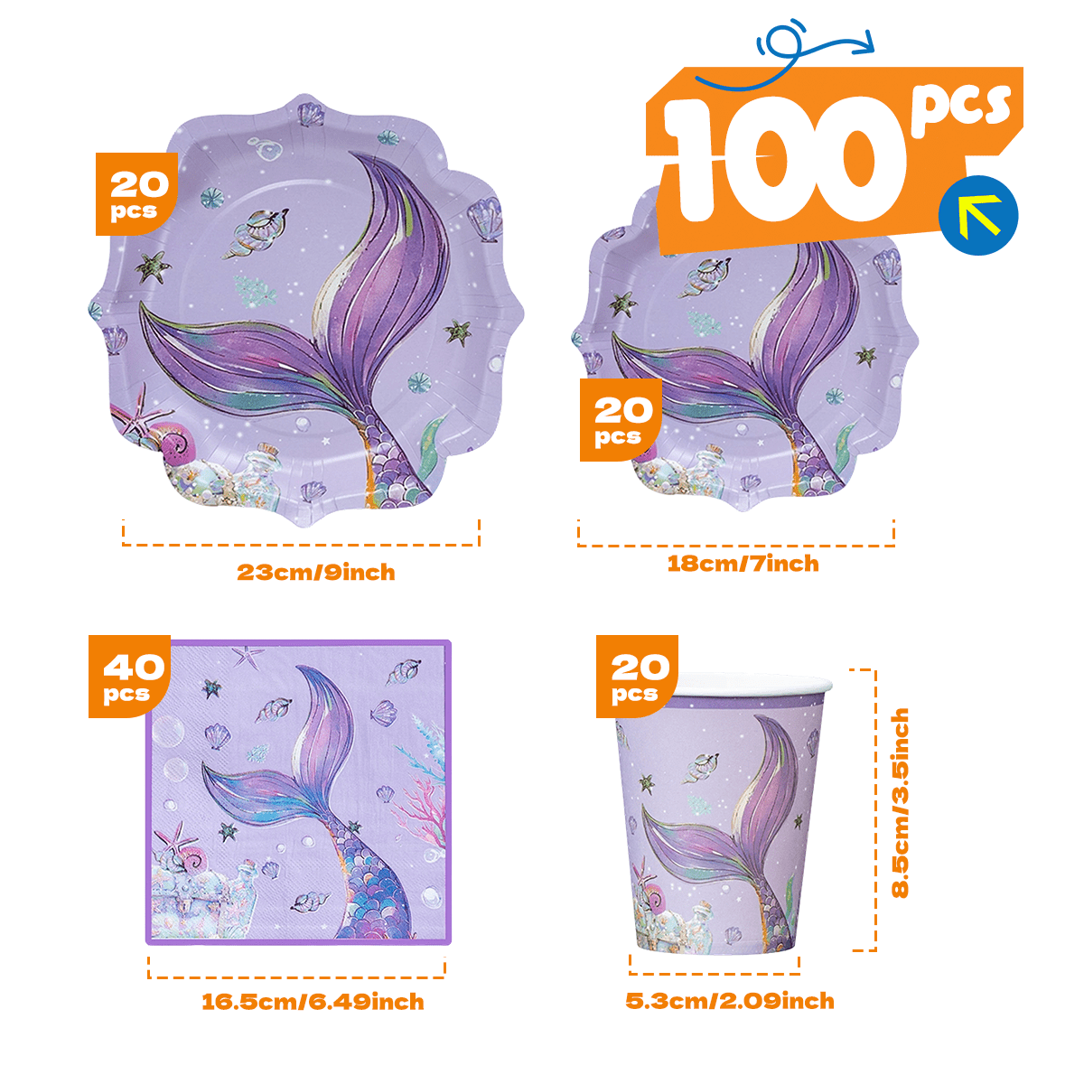 TEMU Set di stoviglie a di viola, 100 pezzi, sfondo viola chiaro con di da , , marine ed elementi oceanici, set completo di , tazze e tovaglioli.