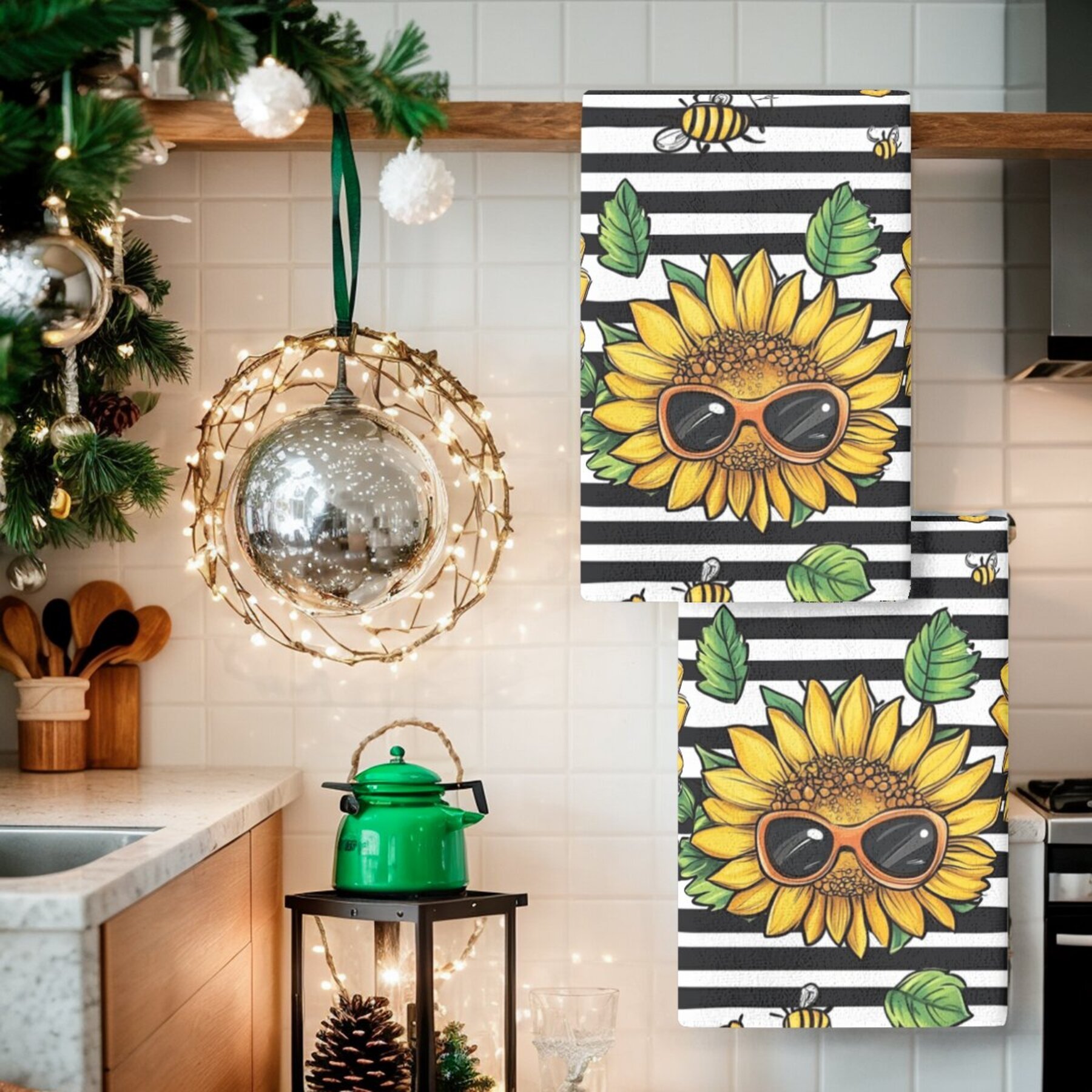 2pcs modern sunflower patterned polyester dish cloths, woven oblong hand wash only kitchen towels with floral theme, dish towels for kitchen details 1