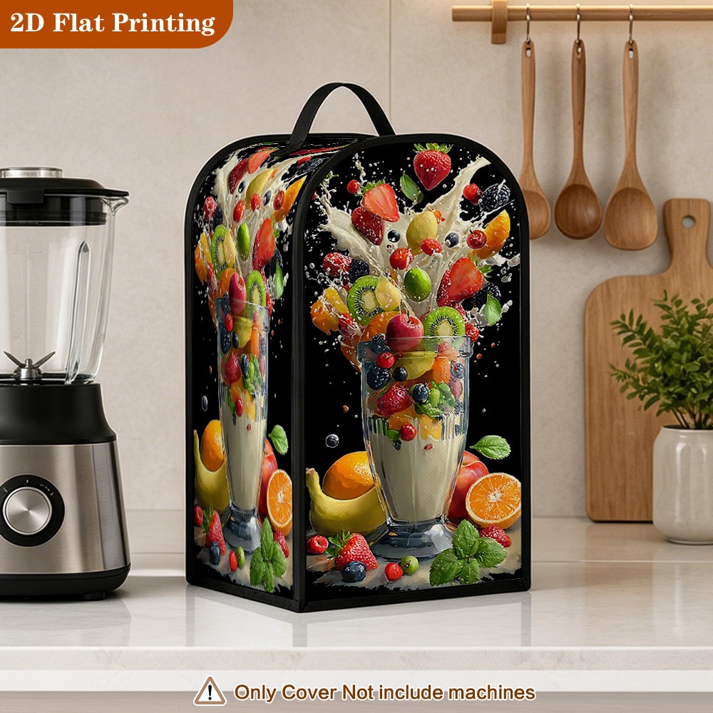 (2D Flat) 1pc Blender Cover, Fresh Fruit Milk Printed Design, Kitchen Appliance Dust Protection with Top Handle, Fits Mixers Coffee Machines And Food Processors, Easy to Clean Countertop Decor (solely Protective Cover)