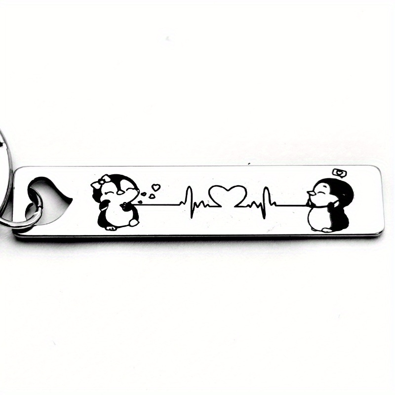 

[ ] Stainless Steel Cartoon Couple Penguin Keychain, Romantic Gift, Heartbeat Design, Metal Keyring For Keys And Accessories, Penguin Gifts