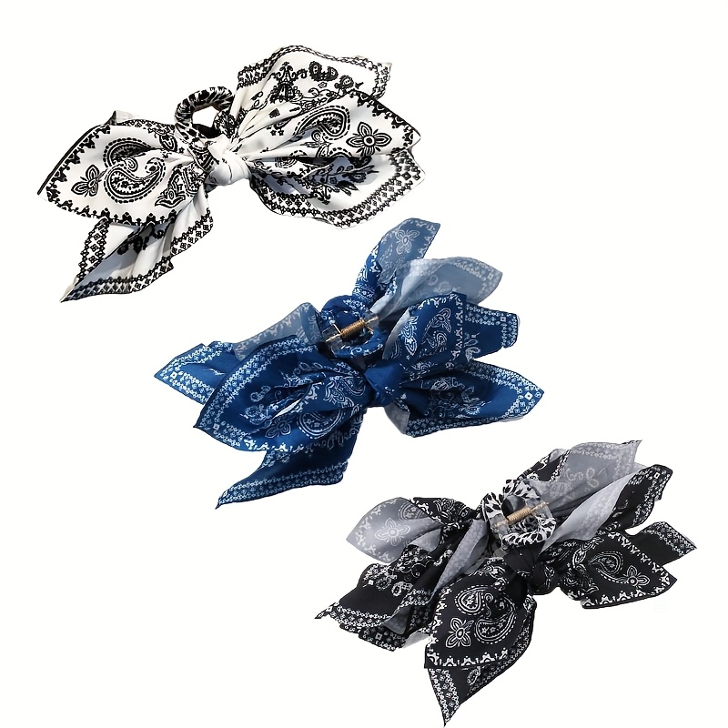 TEMU 3-pack Bohemian Hair Claw Clips- Large Nut Bow-shaped Hair Clips, Blue And Black, White, Decorative Hair Additions, Suitable For Women And, French Vacation Hair Ornaments