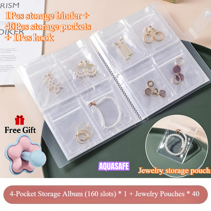 TEMU 1pc Binder And 40pcs Bags And 1pc Hook, 4-grid (160pcs) Binder, Anti-oxidation Bags, Frosted Transparent Jewelry Binder, Suitable For Ring,