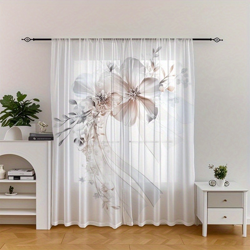 TEMU 2pcs/set Plain Flower Elegant Curtains Light-colored Flowers Stretch To And Elegant Style - Curtains With Rods, Suitable For Home Decoration -