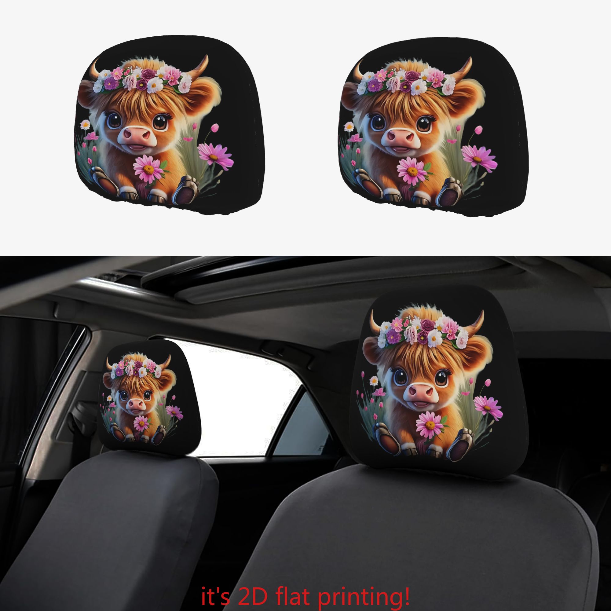 TEMU 2pcs Cartoon Highland Cow Print Car Headrest Covers | Design, & Washable | Ideal For Travel, Daily Commute & Car Interior Decor | Fashionable