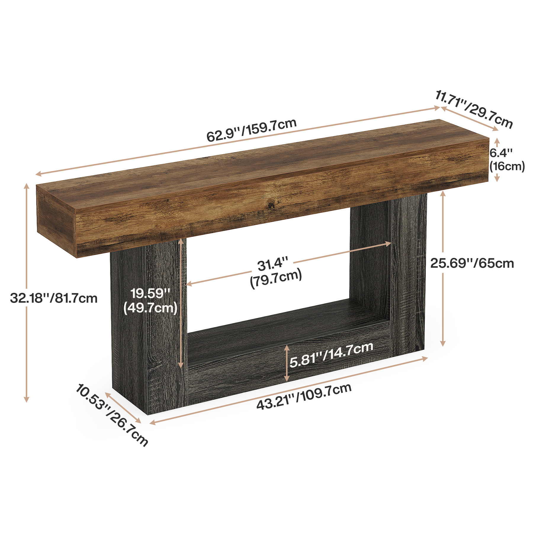 mesa de consola de madera estilo farmhouse de 63 con almacenamiento de 2 niveles y base de u - mesa de sofá rústica para entrada, mesa larga para pasillo que para , montaje, construcción de madera , acabado, se a s estrechos 4