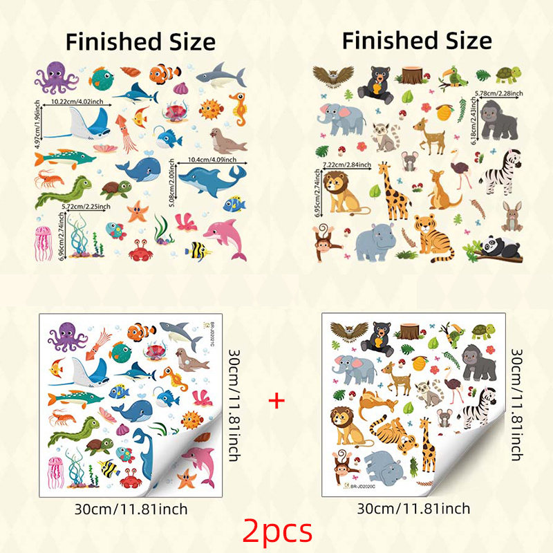 TEMU 2 stuks statische raamstickers voor kinderkamer, cartoon dieren & zeedieren stickers (olifant leeuw zebra dolfijn schildpad) herbruikbare