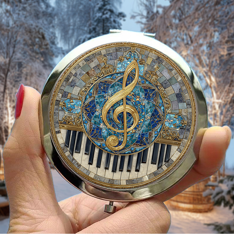 TEMU A Festive Compact Mirror For Christmas, Showcasing A Piano Keyboard And A Golden Treble Clef Design With A Stained Glass Appearance, Ideal For