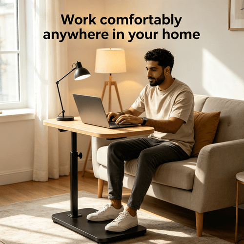 17 72 to 31 5 inch height adjustable mobile side table with a black metal frame and multi color tabletop into a laptop desk coffee table or bedside table suitable for home office and leisure use a practical and thoughtful