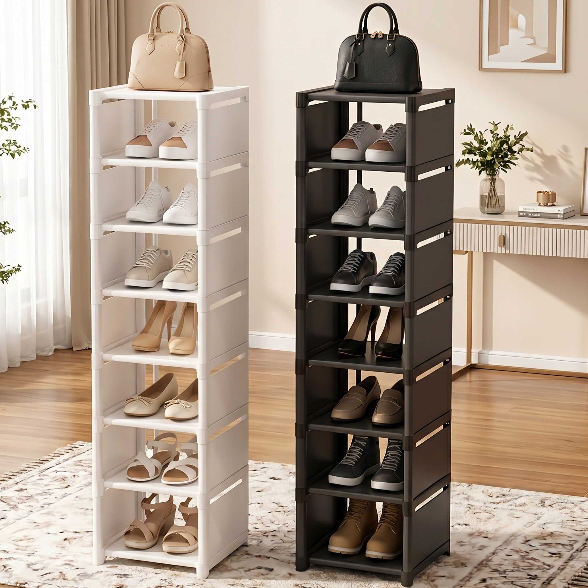 imagen del artículo zapatero metálico ajustable de 4/6/8 niveles - organizador portátil sin herramientas para entrada, ideal para residencias y  ,   de almacenamiento multicapa para zapatillas y zapatos, diseño minimalista  /negro | organizador de calzado  , estante de pie