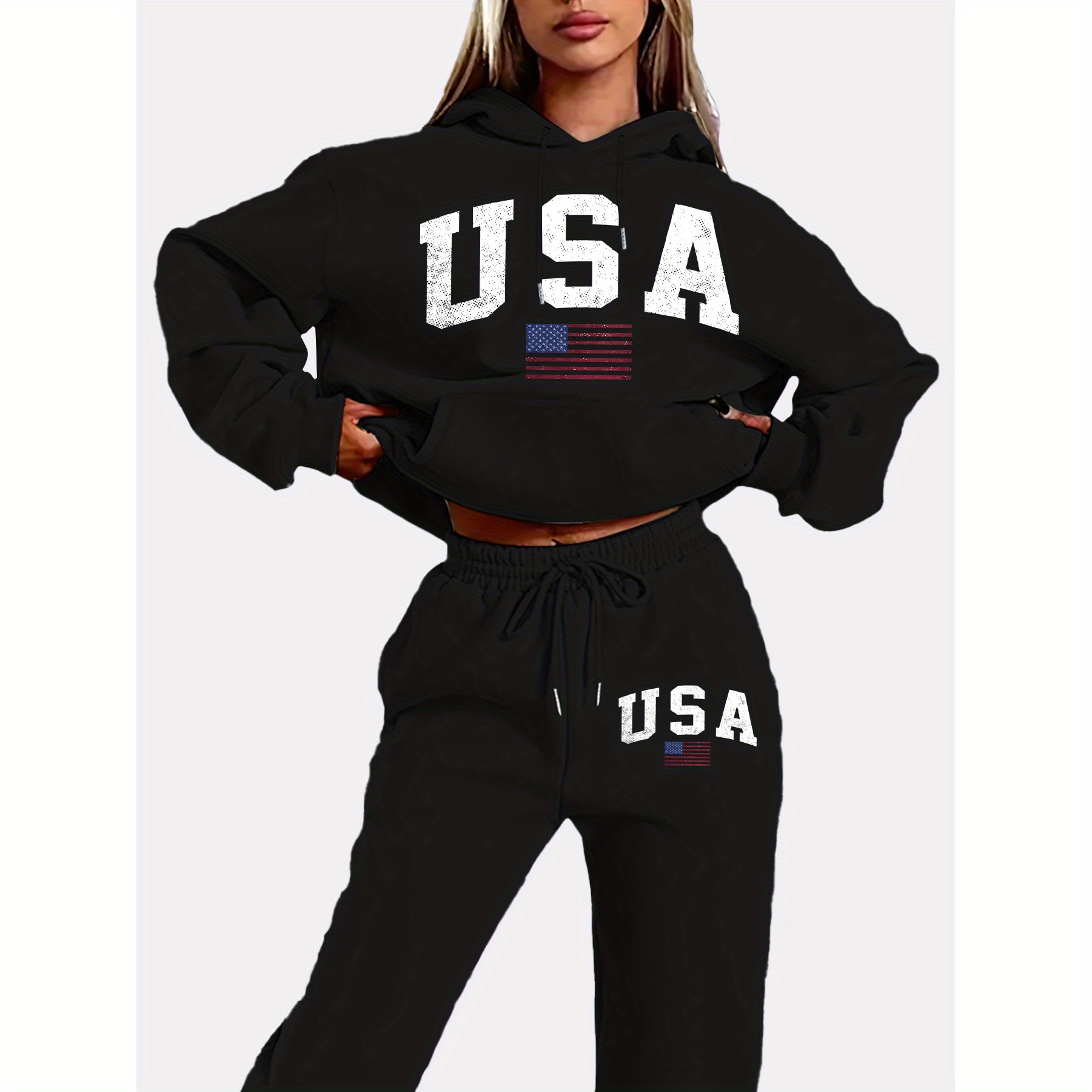 

2024 Women's Patriotic Usa Hoodie & Jogger Set - Casual Long Sleeve With Pockets, 100% Polyester, Machine Washable, Blue With American