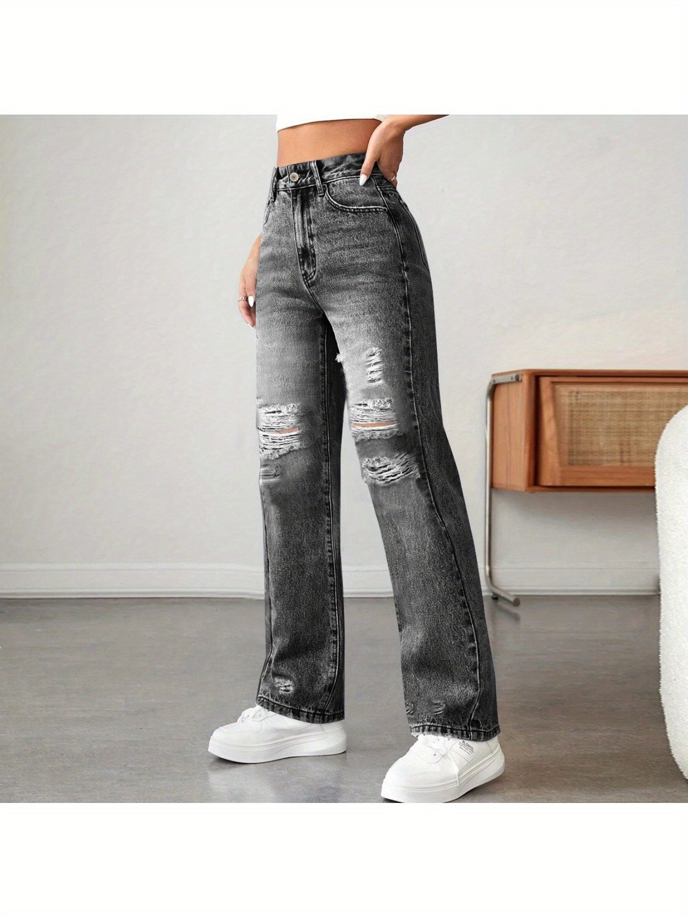 2025 new womens ripped wide leg jeans high waisted loose fit