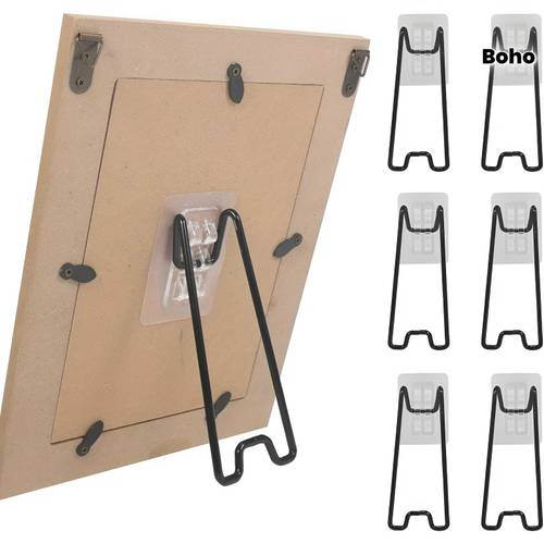 Artikelbild set mit 2 (halterung + selbstklebender transparenter patch) bilderrahmenständer - selbstklebender, verstellbarer, schwarzer, böhmischer, robuster eisen-displayständer, für kunstwerke, fotos, und ausstellungen