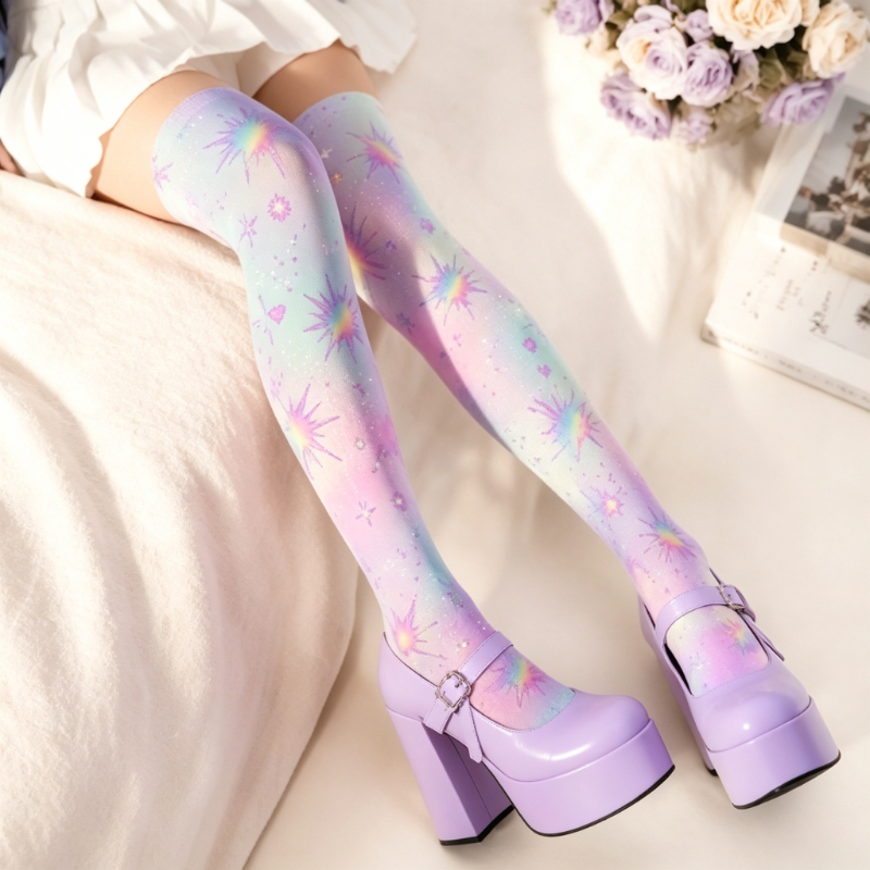 TEMU Pastel Printed Over The Knee Socks For Women, Cute Kawaii Sparkle Graphic Thigh High Stockings, Fairy Kei Long Socks