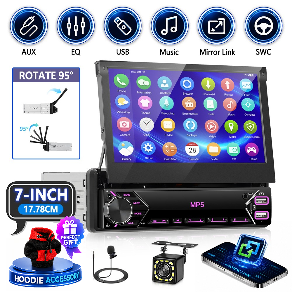 Image of 7-inch Retractable Screen Car Mp5 Player, 1024x600 Ips Touchscreen, Wired For Ios , Wireless 5.1 , Fm Radio, Eq Sound, Steering Wheel Control, 4x45w