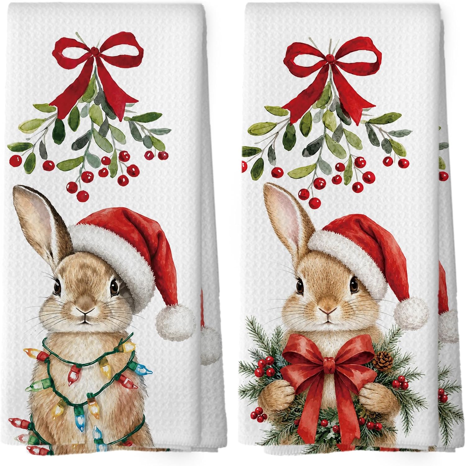 TEMU Ensemble de 2 torchons de cuisine avec guirlandes lumineuses de Noël "Bunny Noël drôle", | Cadeaux de lapin, à main pour salle de bain, cadeaux