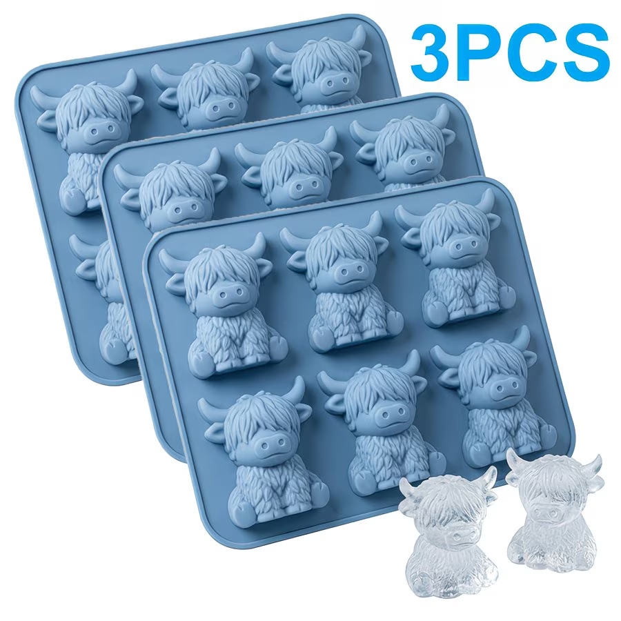 TEMU 3pcs Highland Cow Ice Mold - 6- Silicone With Scottish Cow Shape, Foldable Heat-resistant & Washable Ice Tray Suitable For Cocktails, Champagne,