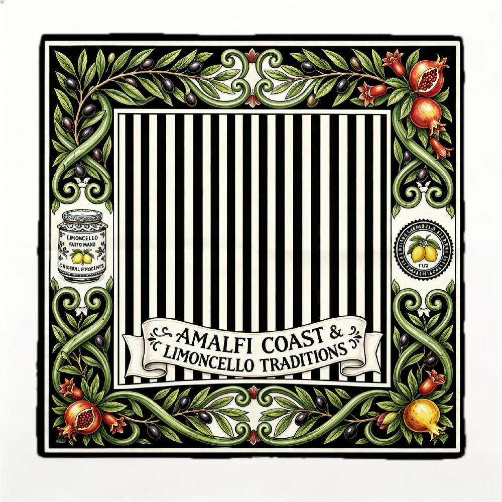 TEMU The Printed Pattern Features Traditional Amalfi And Limoncello Themes, Including Black And , Olive Branches, Lemon Fruits, And A Vintage Label