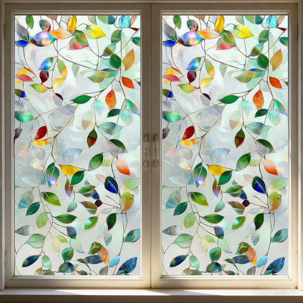 TEMU Film Adhésif pour Vitre 2D Plat, Rénovation de Salon ou Restaurant, Motif Feuilles Colorées 45X100cm, Autocollant Colle, Opaque, Amovible et