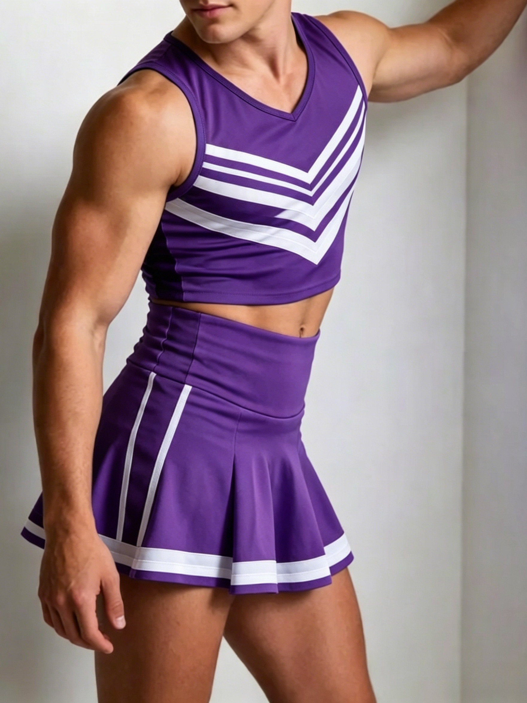 mens purple cheerleader uniform set v neck crop top with striped pleated skirt costume for halloween valentines day themed events machine washable ideal for matching couple outfits no shorts included