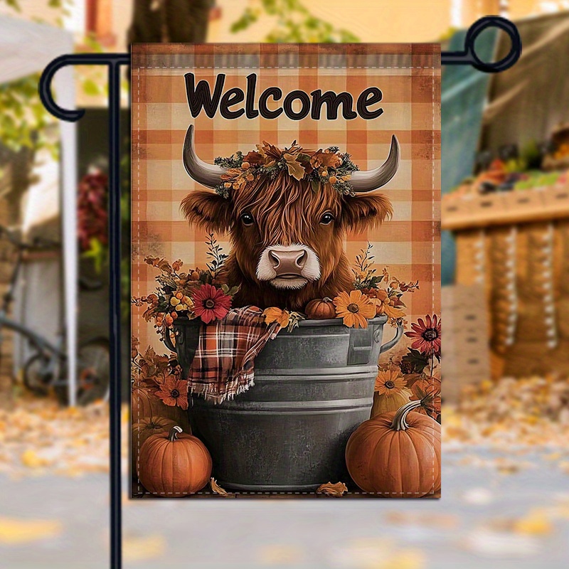 TEMU 1pc Double-sided Garden Decor Garden Flag Highland Cow With Garland For Warm Autumn Decor And Festive Displays