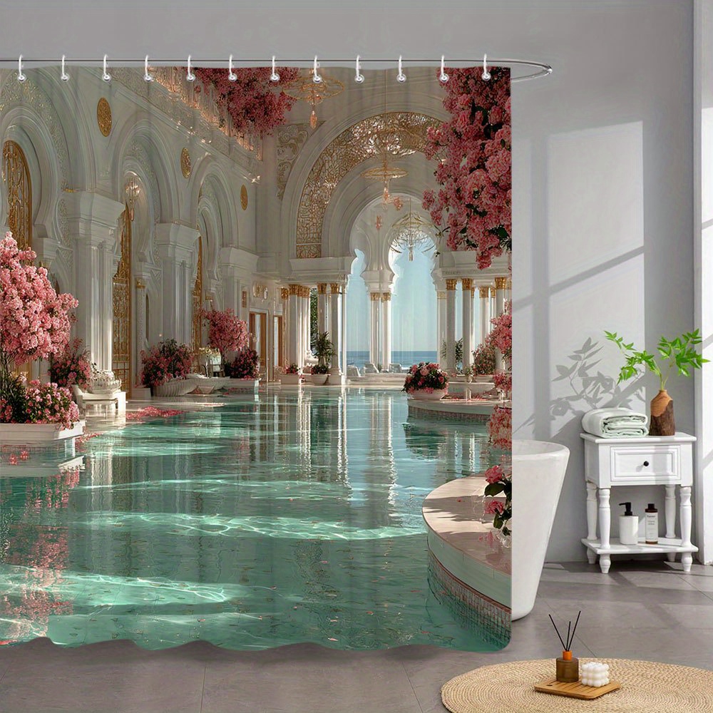 TEMU 1pc Luxury Pool Bath Curtain Turquoise Arches Golden Columns Pink Flower Trees Ornate Chandeliers Elegant Classical Architecture Bathroom Shower