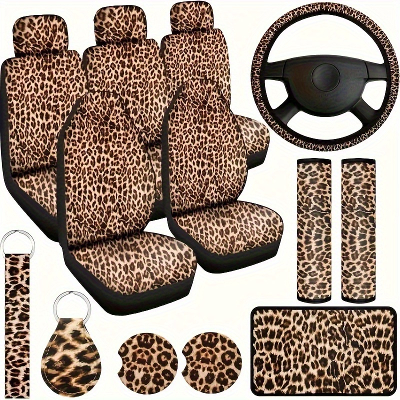 TEMU Luxury Leopard Print Car Seat Protector Set, 15pcs Leopard Print Car Seat Covers, Steering Wheel Cover, Seat Belt Cushions, Perfect For Most